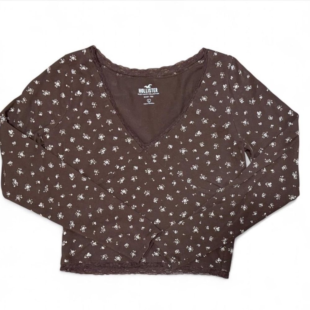 Hollister Brown Floral V-Neck Long Sleeve Tee with White Print